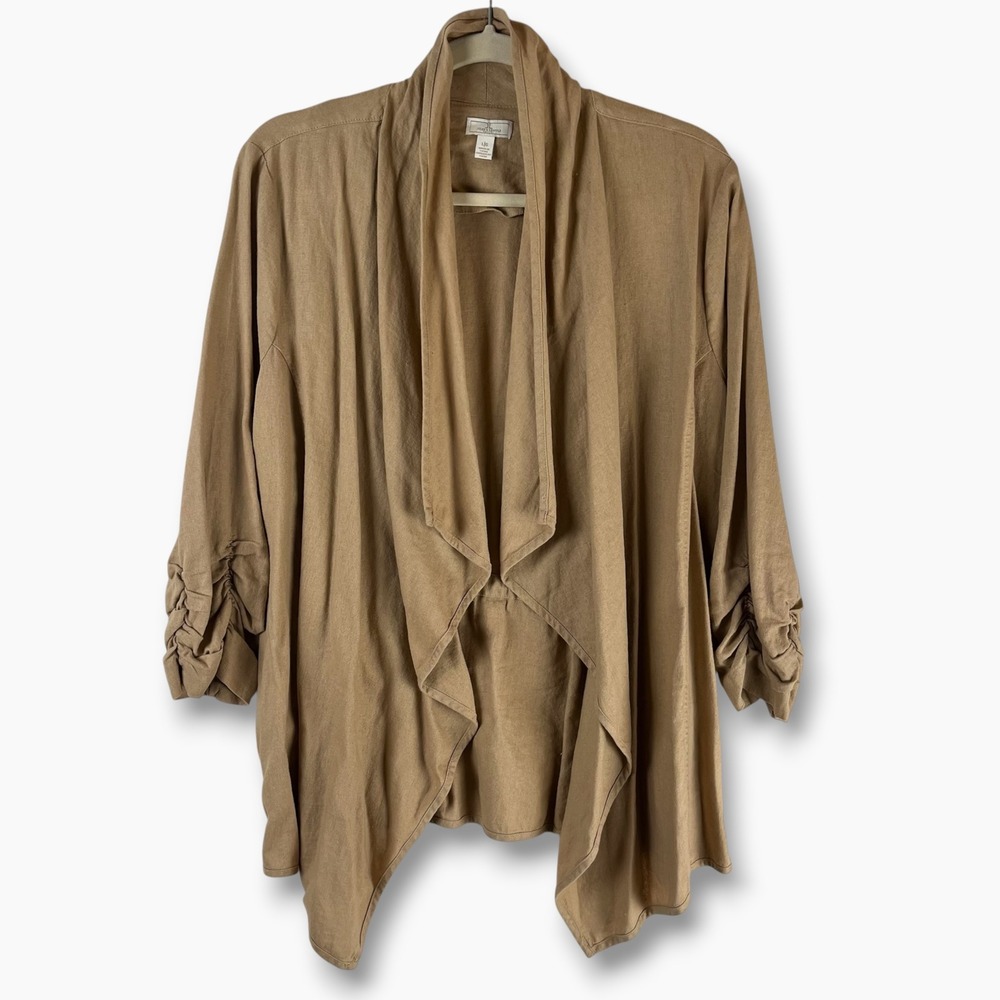 Jules & Leopold Womens Tan Linen Blend Draped Open Front Cardigan Jacket Large